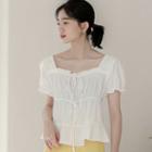 Puff-sleeve Frill Trim Square-neck Top White - One Size