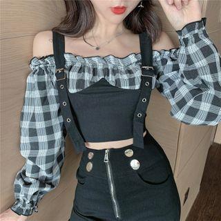 Long-sleeve Off-shoulder Plaid Crop Top As Shown In Figure - One Size