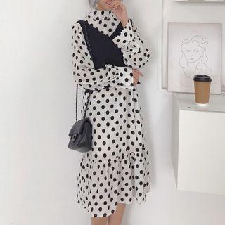 Set: Long-sleeve Polka Dot Midi Chiffon Dress + Tie-back Vest As Shown In Figure - One Size
