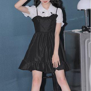 Puff-sleeve Bow Blouse / Ruffled Overall Dress
