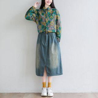 Long-sleeve Floral Print Midi Denim Shirtdress Blue - One Size