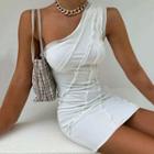 Sleeveless One-shoulder Frill Trim Mini Bodycon Dress