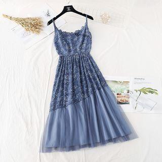 Spaghetti Strap Floral Print Paneled Chiffon Dress