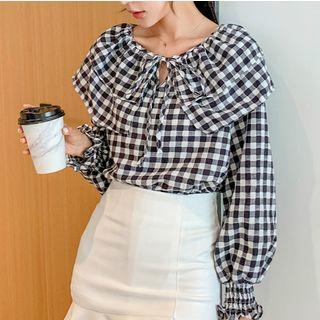 Long-sleeve Ruffled Plaid Top
