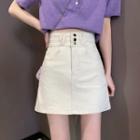 High-waist Elastic Double Button A-line Denim Skirt