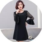 Faux Pearl Lace Panel 3/4 Sleeve Dress
