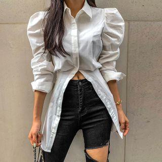 Puff-sleeve Pintuck-waist Long Blouse