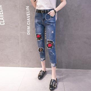 Flower Embroidered Fish Net Panel Cropped Jeans