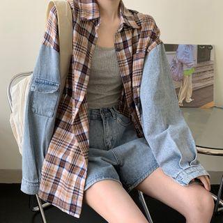 Long-sleeve Denim Panel Plaid Shirt