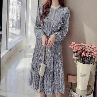 Long-sleeve Floral Print Ruffled Midi A-line Chiffon Dress