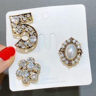 Set Of 3 : Numerical / Faux Pearl / Rhinestone Brooch Set Of 3 - Gold - One Size