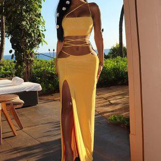 Spaghetti-strap Tie-waist Cut-out Slit Maxi Sheath Dress