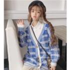 Plaid Open-front Button-up Cardigan