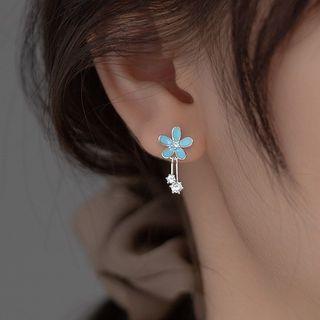 Flower Rhinestone Sterling Silver Earring 1 Pair - S925silver - Blue - One Size