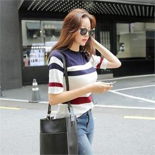 Mock-neck Short-sleeve Striped Knit Top