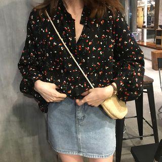 Open-placket Floral Print Blouse Black - One Size