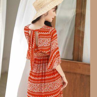 Elbow-sleeve Floral Print Chiffon A-line Maxi Dress