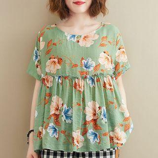 Floral Short-sleeve Ruffle Top Green - One Size