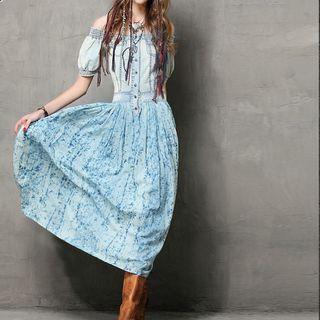 Denim Panel Off-shoulder A-line Maxi Dress