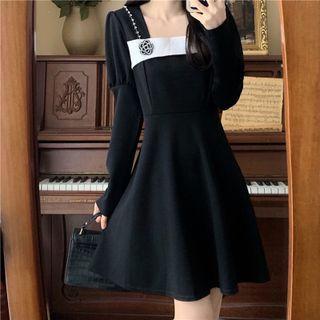 Long-sleeve Square-neck Floral-accent Mini A-line Dress