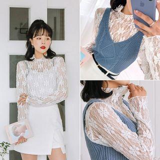 Mock-neck Lettuce-edge Lace Top One Size