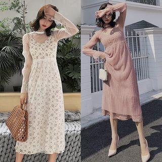 Set: Long Sleeve Mesh Dress + Floral Print Spaghetti Strap Midi Dress