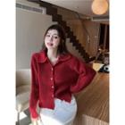 Collared Button-up Loose Sweater Red - One Size