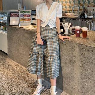 Short-sleeve Twist Cropped Blouse / Plaid Midi A-line Skirt