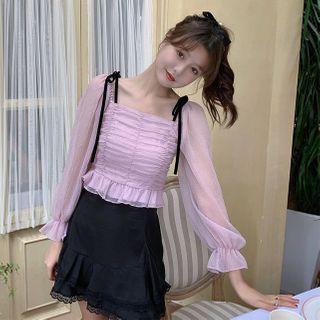 Tie-strap Long-sleeve Shirred Cropped Blouse