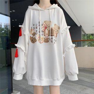Bear Print Ruffled Hoodie