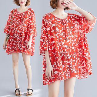 Flower Print 3/4-sleeve Chiffon Blouse Red - One Size