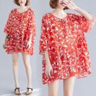 Flower Print 3/4-sleeve Chiffon Blouse Red - One Size