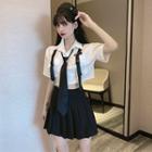 Short-sleeve Cargo Crop Shirt With Necktie / Pleated Mini A-line Skirt / Set
