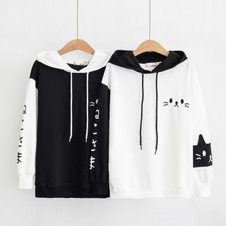 Cat Face Embroidered Color-block Sweater