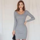 Scoop Neck Mini Sheath Knit Dress Gray - One Size