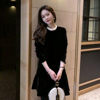 Ruffle Collar Long-sleeve Velvet A-line Dress