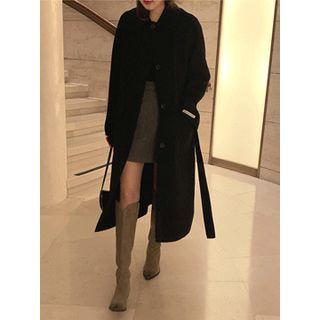 Hidden-button Pocket-detail Wool Blend Coat With Sash One Size