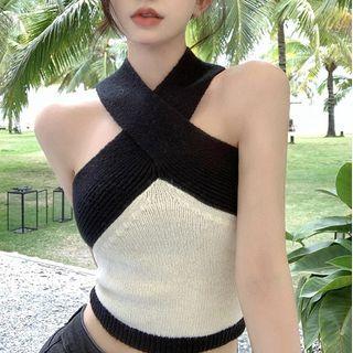Halter Two Tone Knit Top Black & White - One Size