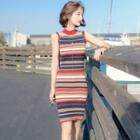 Sleeveless Mock Neck Striped Bodycon Knit Dress Stripes - One Size