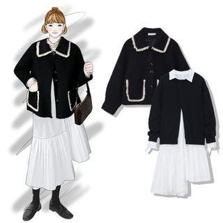Ruffled Trim Collared Cardigan / Long-sleeve Midi A-line Dress