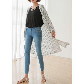 Open-front Striped Robe Cardigan