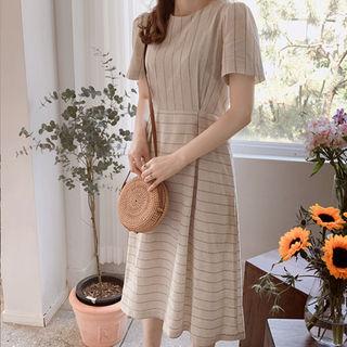 Tie-waist Striped Linen Blend Dress Oatmeal - One Size