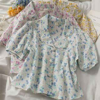 Slim-fit Puff-sleeve Floral Shirt