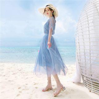 Set: Embroidered Short-sleeve Top + Camisole Top + Mesh Midi Skirt