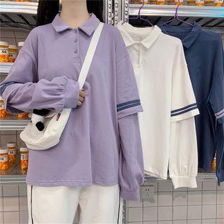 Mock Two-piece Long-sleeve Polo Shirt / Striped Sweatpants