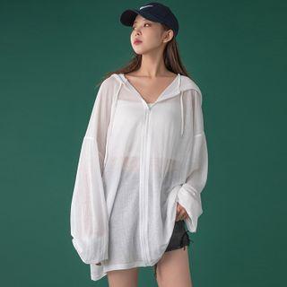 Sheer Zip-up Knit Hooded Jacket