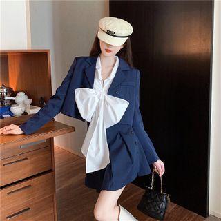 Plain Cropped Blazer / Plain Bow Blouse / High-waist Plain Mini Skirt