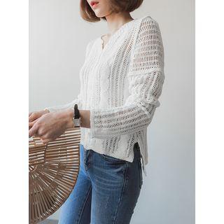 V-neck Drop-shoulder Open-knit Top