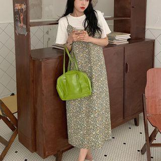 Elbow-sleeve T-shirt / Floral Midi A-line Overall Dress