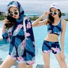 Set: Leaf Print Racerback Bikini + Hooded Cover-up